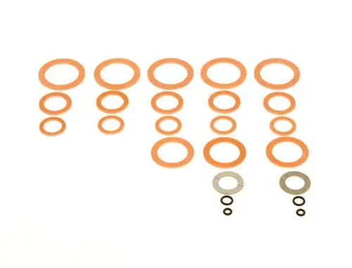 BOSCH Dichtungssatz aus verschiedenen Dichtungen in orange und einer metallischen Dichtung, angeordnet in mehreren Reihen auf weißem Hintergrund.